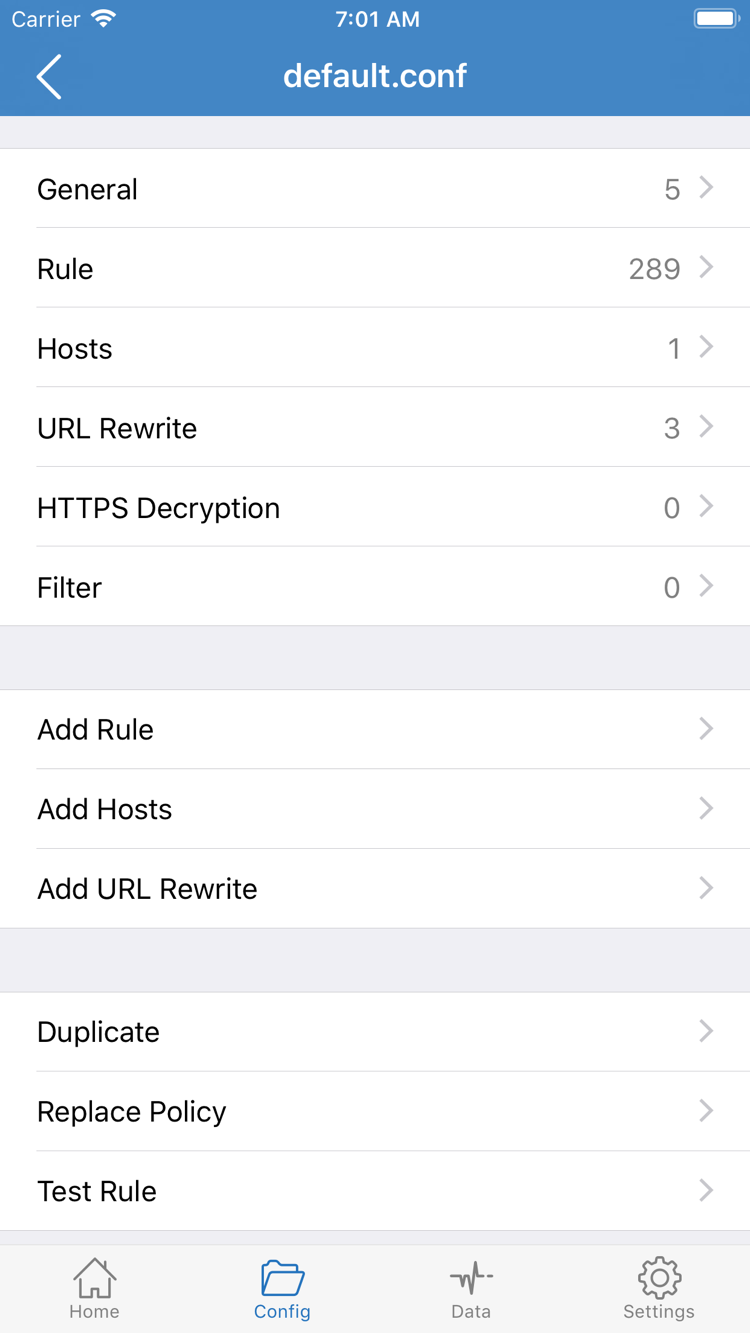 Shadowrocket 的 Config 設定編輯頁面，顯示 General、Rule、Hosts、URL Rewrite、HTTPS Decryption 和 Add Rule