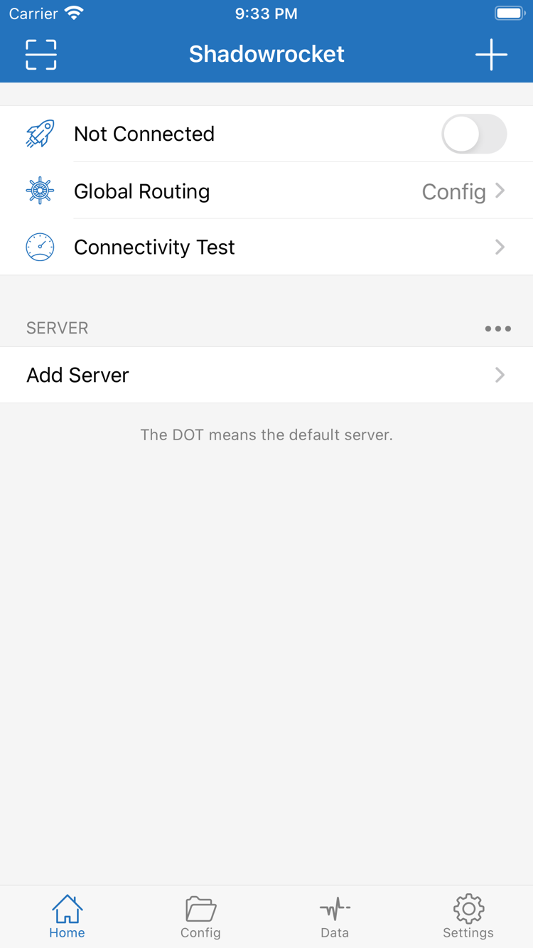 Shadowrocket 的 Home 頁面，頂端顯示 Not Connected 開關，下方有 Global Routing、Connectivity Test、SERVER 分組與 Add Server