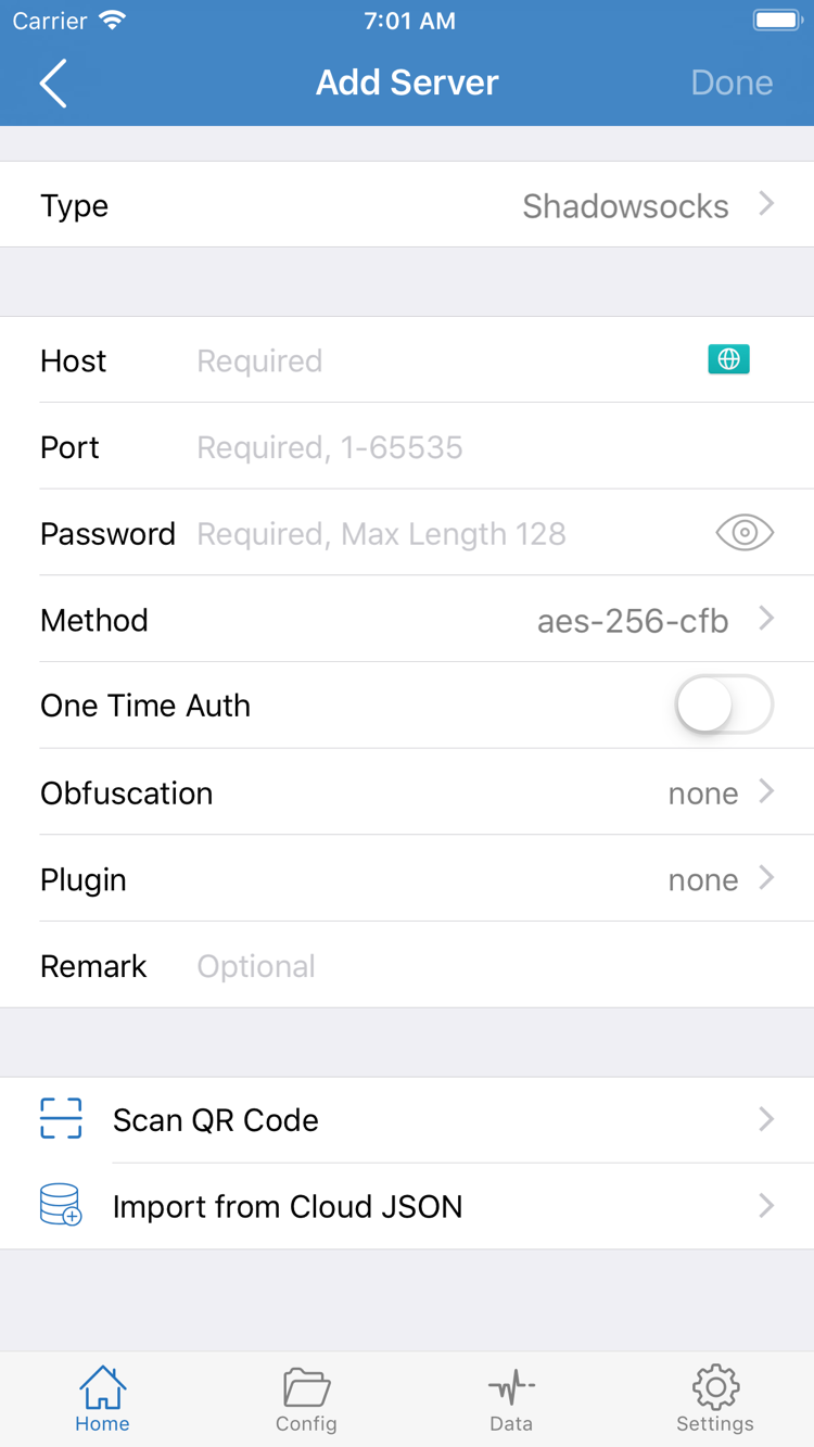 Shadowrocket 的 Add Server 頁面，顯示 Type、Host、Port、Password、Method，以及 Scan QR Code 和 Import from Cloud JSON