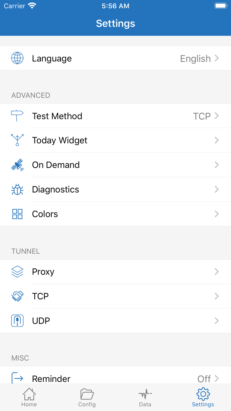 Shadowrocket 的 Settings 頁面，顯示 Language、Test Method、Today Widget、On Demand、Diagnostics、Proxy、TCP 和 UDP
